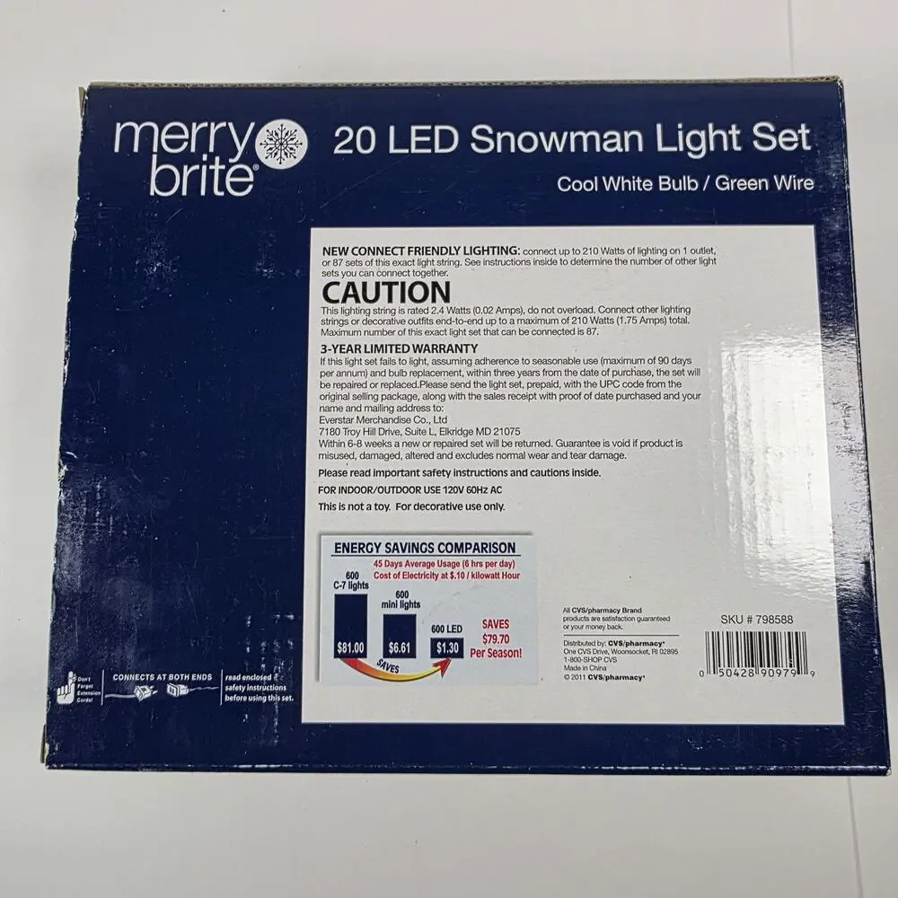 Merrybright 20 LED Snowman String Light Set Christmas Indoor/Outdoor 7 Feet